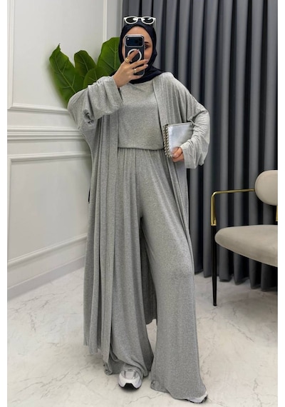 Balenbi Kadın Penye Uzun Hırka Bluz Geniş Paça Pantolon Abaya Takım 1217 Grimelanj