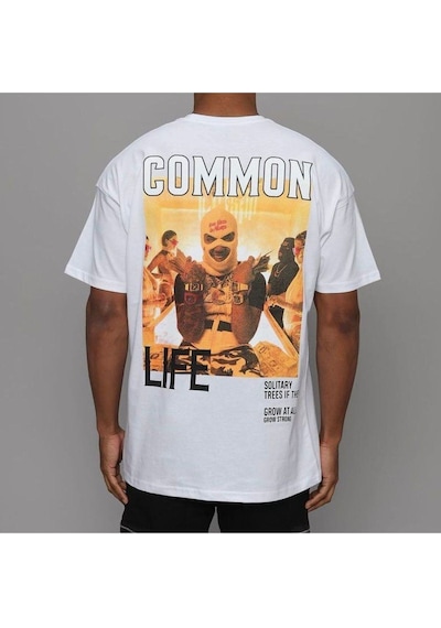 Flood Of Style Erkek Beyaz Common Baskılı Oversize Bisiklet Yaka Tshirt