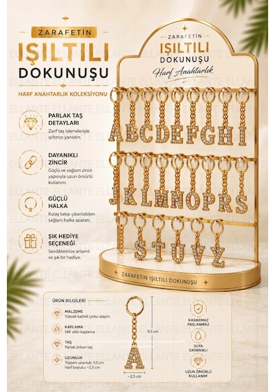 Kişiye Özel Harf Anahtarlık Altın Renk Zirkon Taşlı Şık Çanta Süsü Anahtar Aksesuarı Hediyelik Harf