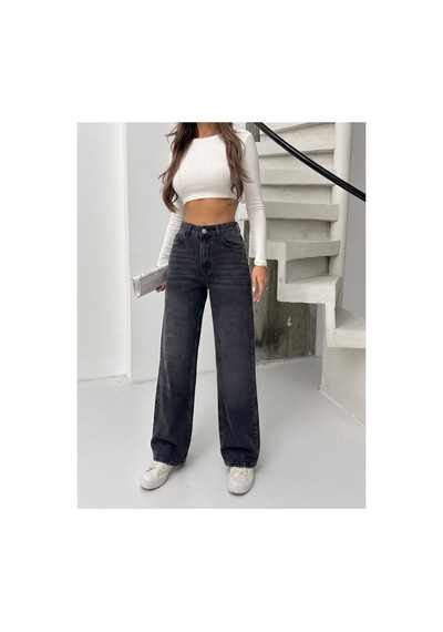 Bluemarlin Siyah İşlemli Yüksek Bel Straight Denim Pantolon Siyah İşlemli