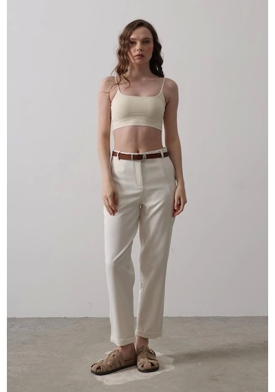 Defymoda Kemerli Havuç Pantolon - Ekru Ekru