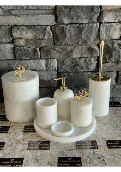 Beyaz Mermer Gold Mercan Aksesuarlı 7'li Banyo Seti Beyaz