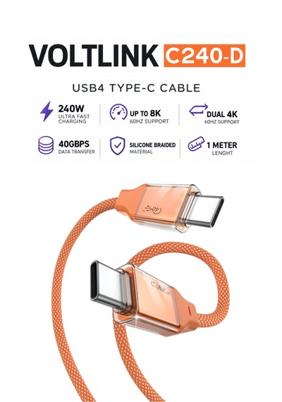 Voltlınk C240 240w Type-c To Type-c Şarj Ve Data Kablosu 1 Metre Silikon Örgülü 480mbps Usb 2.0