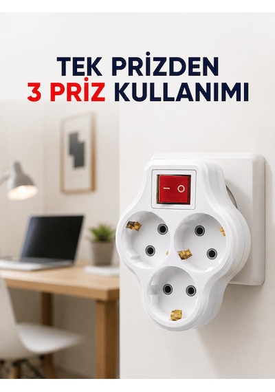 Tek Prizi 3 Lü Yapan Anahtarlı Priz Adaptörü Topraklı Priz Çoğaltıcı 0.12 M