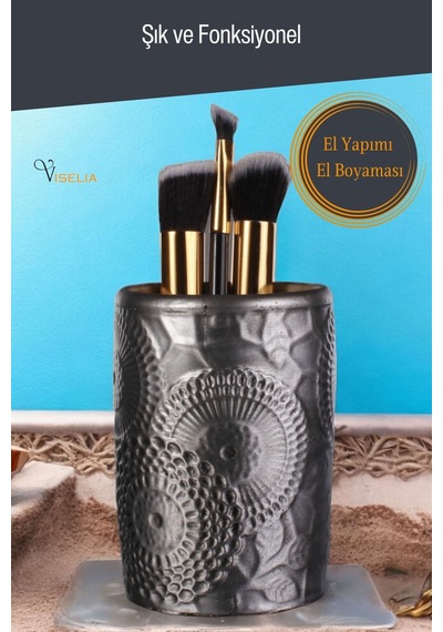 Makyaj Duzenleyici Makyaj Organizeri Makyaj Fırçalığı Makyaj Fırçası Altın Renk Model 12 - Gümüş Eskitme Gümüş Eskitme