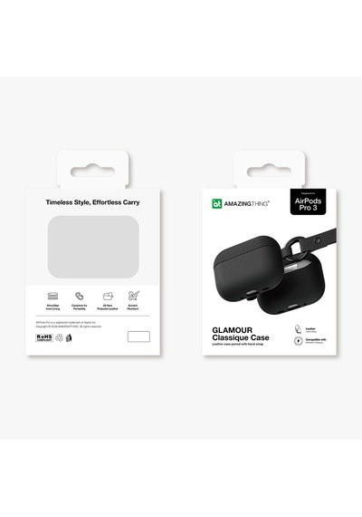 Apple Uyumlu AirPods Pro 3 Amazingthing Glamour Classique Serisi Deri Tasarımlı Kapak Siyah Siyah