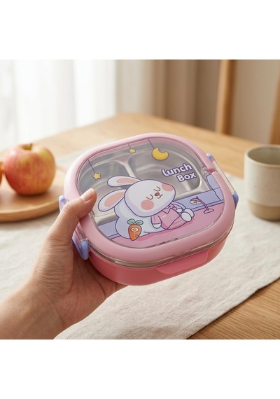 700 Ml Paslanmaz Çelik Yemek Kabı, 3 Bölmeli Kilitli Lunch Box, Çatal Kaşık Dahil Renkli Desenli Saklama Ve Taşıma Kabı Çok Renkli
