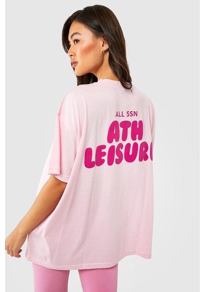 Ath Leisure T-shirt - Pembe Baskılı Oversize Bisiklet Yaka Kısa Kol Tişört Pembe