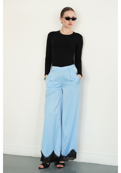 Verymoda Paçası Dantelli Saten Pantolon D2969 Mavi