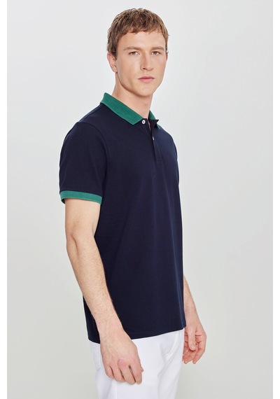 Erkek Lacıvert-yesıl %100 Pamuk Slim Fit Dar Kesim Polo Yaka Tişört Lacıvert-yesıl