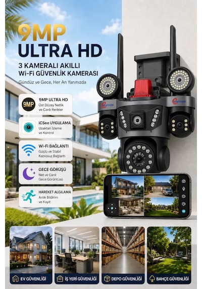 İcsee 9003 9mp 3 Lens Wifi Güvenlik Kamerası, Motorlu Gece Görüşlü Dış Mekan Kamera, 32gb Kart Ve Adaptör