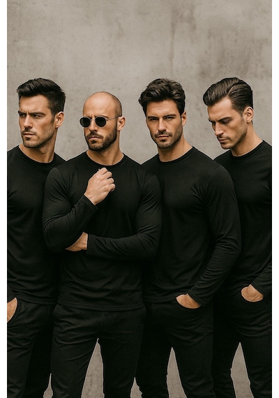 Rich Erkek Siyah 4'lü Paket Basic Uzun Kollu Tişört Sporcu Body T-shirt Siyah