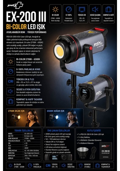 Pdx Ex-200 Iıı Bi-color Led Işık Ayarlanabilir Renk Video Ve Stüdyo