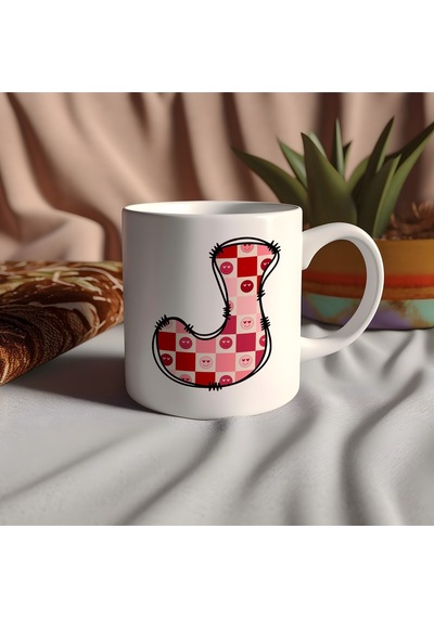 J Harfi Pembe Kareli Kalpli Göz Emojili Kupa Bardak Eğlenceli Kareli Tasarım Kahve Çay Kupası 07 Beyaz