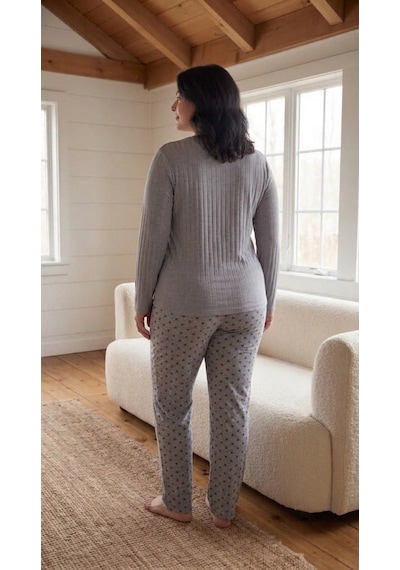 Eyfuze Kadın Kışlık Büyük Beden Desenli Yakası Düğmeli Uzun Kollu Pijama Takımı Antrasit - Gri