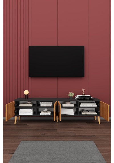 Asra Trend Tv Ünitesi T-05 %100 MDF 160 cm Tv Sehpası 4 Kapaklı Raflı Petra-Koyu Gri