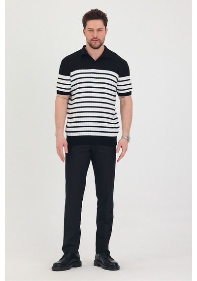 Cool Tarz Erkek Polo Yaka Beyaz Çizgi Detaylı Siyah Triko T-shirt Siyah Siyah