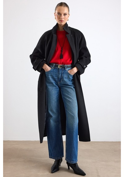 Olcay Dik Yaka Pat Detaylı Oversize Kaban Siyah 3177