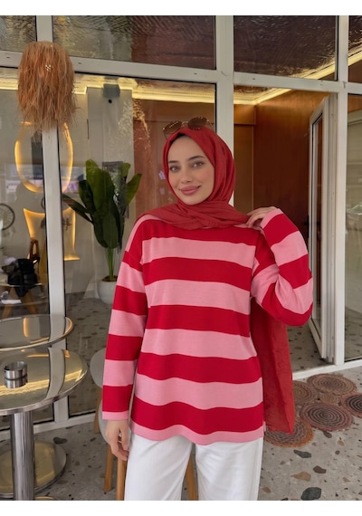 Trend Paris Çizgili Yanı Yırtmaçlı Rahat Kalıp Tunik Bluz Kırmızı 42