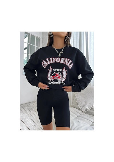 Tarzsokak Unisex Calıfornıa Baskılı Oversize Kapüşonlu Sweatshirt Siyah