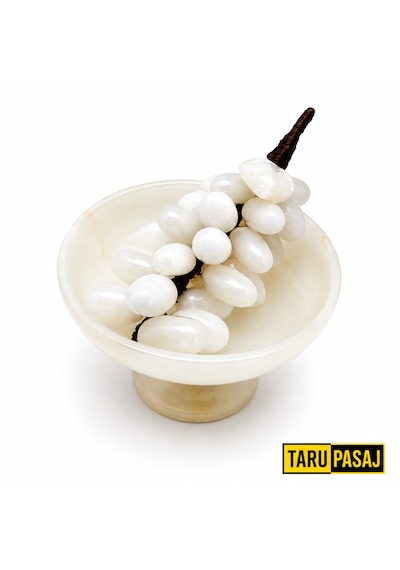 Feng Shui Bereket Üzümü Ve Van Taşı Ayaklı Çanak Seti 30 Taneli Doğal Taş Üzüm Salkımı Dekor 5 İnç El Yapımı Çanak Beyaz