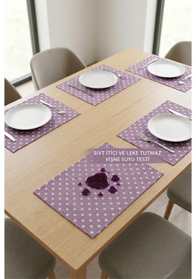 Mor Puantiyeli Amerikan Servis 6 Kişilik Dikdörtgen Kumaş Tabak Altlığı Seti 35x45 Cm
