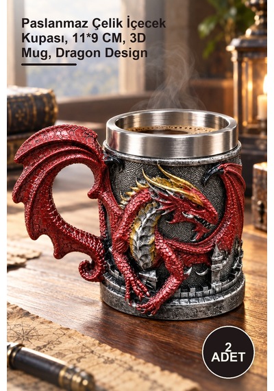 2 Adet Ejderha Tasarımlı 3d Kupa Bardak Paslanmaz Çelik İçecek Kupası, 11 9 Cm, 3d Mug, Dragon Design