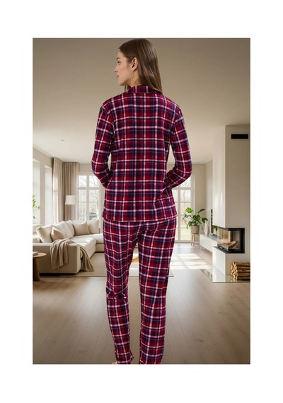 Ersefa Kadin Kirmizi Ekose Pijama Takımı Gömlek Yaka Uzun Kollu Fonksiyo bordo