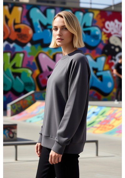 Benerly Kadın Bisiklet Yaka Reglan Kol Relaxed Kalıp Örme Sweatshirt Fonk Antrasit