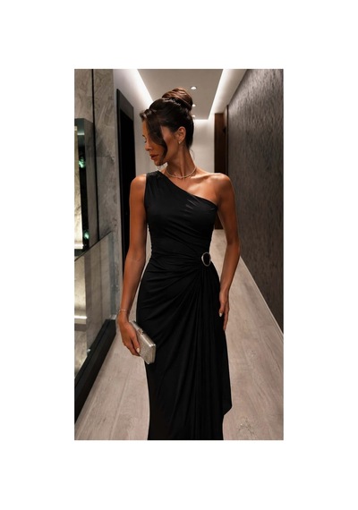 Lior Design Kadın Sade Tek Omuz Kemerli Maxi Abiye Elbise Siyah