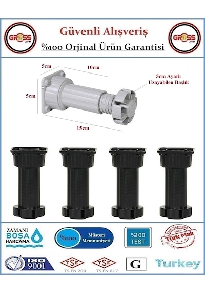 Plastik Mobilya Baza Ayağı - 10-15cm - Ayarlanabilir - 4 Adet Siyah