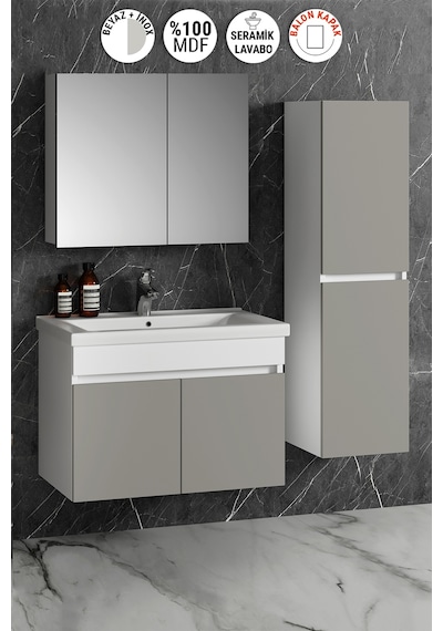 Çiğdem 80+35 Cm Beyaz-inox Balon Mdf Seramik Lavabolu Sepetli Asma Banyo Dolabı Takımı Beyaz - Inox Çiğdem 80+35 Cm Beyaz-inox Balon Mdf Seramik Lavabolu Sepetli Asma Banyo Dolabı Takımı Beyaz - Inox