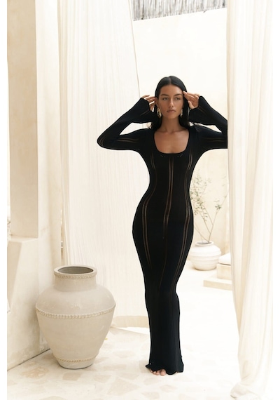 Mai Collection Mai Studios Co. Paulina Dantel Örgülü Siyah Triko Elbise Siyah