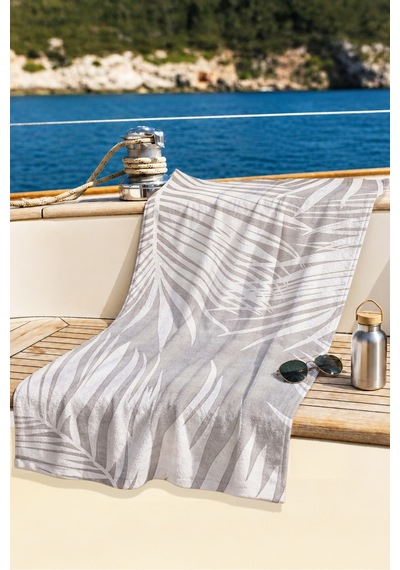 Palmiye Yapraklı Tropikal Plaj Havlusu - Bej Gri Modern Akdeniz Hızlı Kuruyan Mikrofiber Havlu Örtü Sakin Kumul