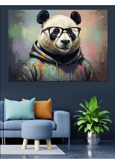 Sweatshirt Giymiş Gözlüklü Panda Tablosu Dekoratif Kanvas - Mdf Ahşap Tablo