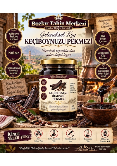 Bozkır Tahin Merkezi Geleneksel Keçiboynuz Harnup Köy Pekmezi Şeker ilavesiz & Koruyucu İçermez 800 G