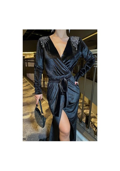 DefyModa Kadın Esnek Kadife Kumaş Kruvaze Yaka Kuşaklı Abiye Elbise Siyah