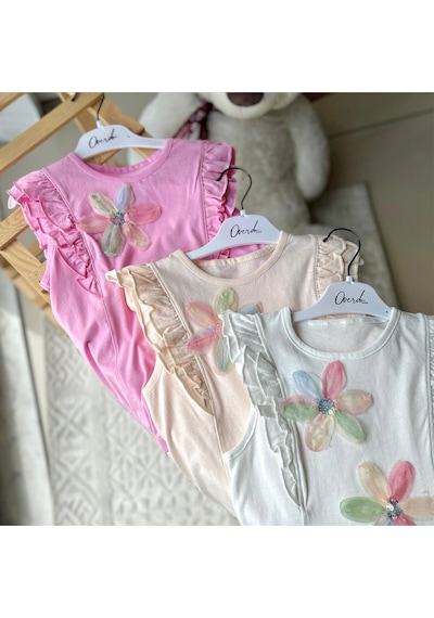 Overdo Kids Kız Çocuk Çiçekli Fırfırlı Kısa Kollu %100 Pamuklu T-shirt Pembe