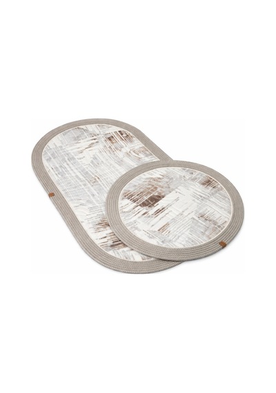 Melena Carpet Premium Kaymaz Taban Banyo Paspası Jüt Kenar Detaylı Oval Yuvarlak Set 100x60-60x60 Beyaz-gri