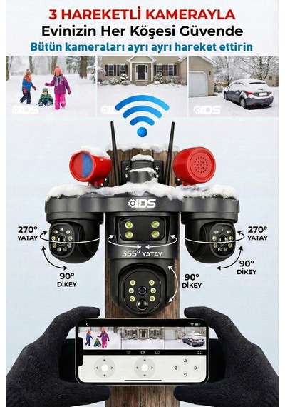 9mp Tam Hareketli 3 Kameralı Wifi Güvenlik Kamerası - Çakar Led -sirenli