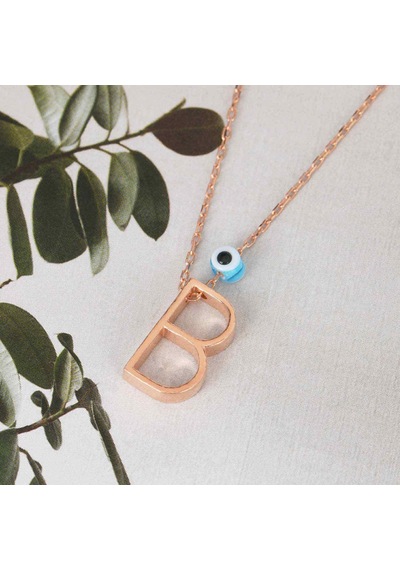 Rose Kaplamalı Nazar Boncuklu B Harfi Gümüş Kolye Gold - Rose Gold - Gümüş
