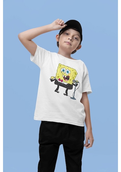 Sevbano Sunucu Süngerbob Baskılı Unisex Çizgi Film Çocuk Tişört 1-12 Yaş Beyaz