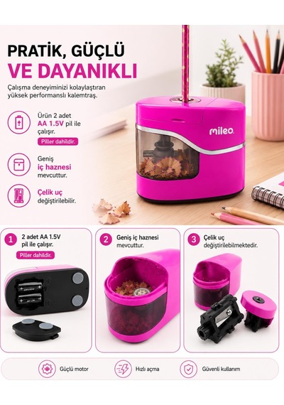 Mileo Pilli Otomatik Pembe Kalemtraş