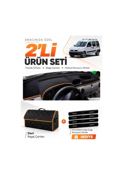 Renault Kangoo 2 Airbagsiz 2004-2008 Uyumlu Torpido Örtüsü + Deri Çanta Seti - Siyah Kahverengi