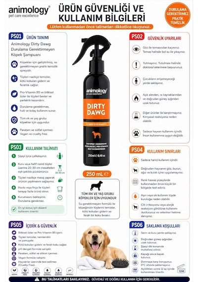 Animology Dirty Dawg Durulama Gerektirmeyen Köpek Şampuanı, Sprey Form, 250 Ml, Su Gerektirmeye