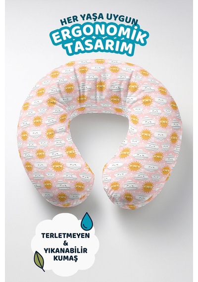 Sevimli Güneş Bulut Desenli Boyun Yastığı - Pastel Pembe Sarı Çocuk & Yetişkin Seyahat Yastığı Koyu Lavanta Terrakota