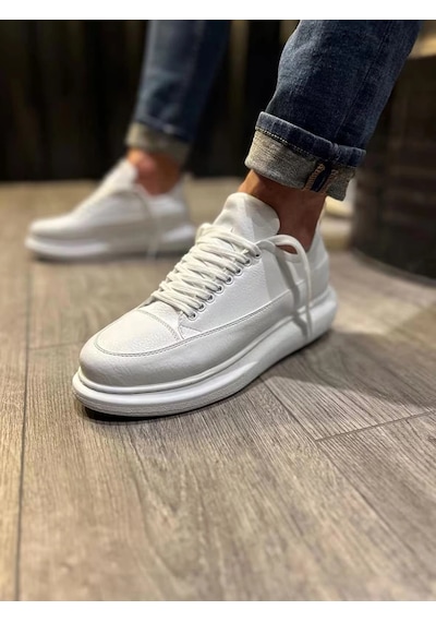 Mevese Meverk Cilt Erkek Sneaker Ayakkabı Kalın Taban Günlük Beyaz
