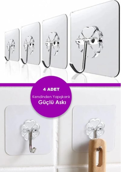 Pratik 4 Adet Kare Askı Şeffaf Güçlü Kendinden Yapışkanlı Kapı Duvar Askıları Ağır Yük Taşıma Askısı