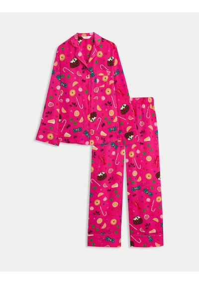 Marks & Spencer Saten Desenli Pijama Takımı T37002257J Pembe