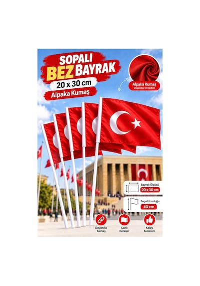Sopalı Bez Bayrak 20x30 Cm 5 Adet Saplı Bayrak Ay Yıldız Plastik Çıtalı 20 30 Bez Bayrak Mill Bayram Kutlama 20 x 30 CM